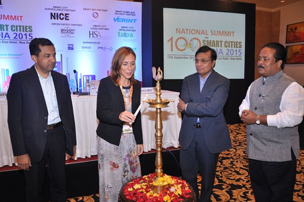Lighting of the lamp ceremony (L-R): Dr. Sumit D. Chowdhury, Founder & CEO, GAIA Smart Cities; Ms. Monica Ibido, Programme Manager, CEN and CENELEC Management Centre; Dr. C S Rao, Chairman and Co-Founder, QuadGen Wireless Solutions & Mr. Shashi Dharan, MD, Bharat Exhibitions.